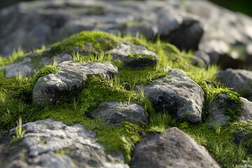 Naklejka premium Close-up of moss-covered rocks with small grass sprouts.