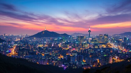 Naklejka premium A panoramic view of Seoul's night skyline, featuring glittering high-rises, Namsan Mountain with its iconic tower, and the rugged silhouette of Bukhansan in the distance.