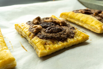 Puff pastry with pecan and cashew.Dessert.food concept
