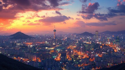 Obraz premium A panoramic view of Seoul's night skyline, featuring glittering high-rises, Namsan Mountain with its iconic tower, and the rugged silhouette of Bukhansan in the distance.