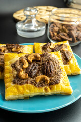 Puff pastry with pecan and cashew.Dessert.food concept