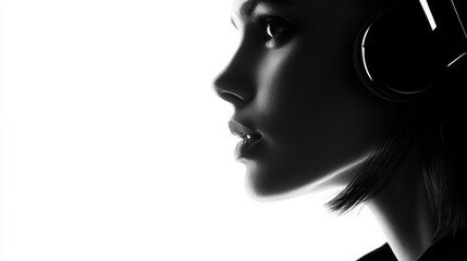 Profile of a Woman with Headphones in Black and White