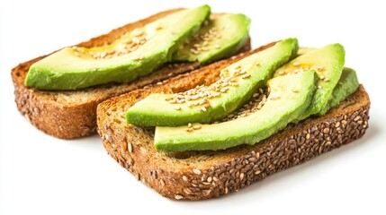 Transparent background of avocado toast with sesame seeds, whole grain bread, isolated, cut out