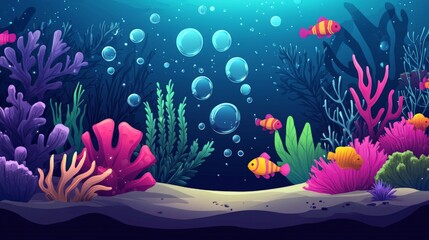 An underwater scene with colorful coral, seaweed, and fish.