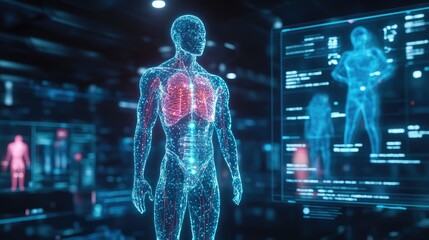 Transparent digital body model with a health interface showing scientific data for medical diagnostics.
