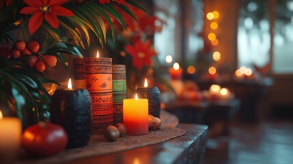 Kwanzaa Celebration Table with Colorful African Candles, Poinsettias, and Festive Decorations Creating a Warm Holiday Atmosphere