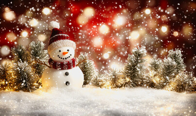 Obraz premium Snowman in a festive winter landscape with trees and snowflakes