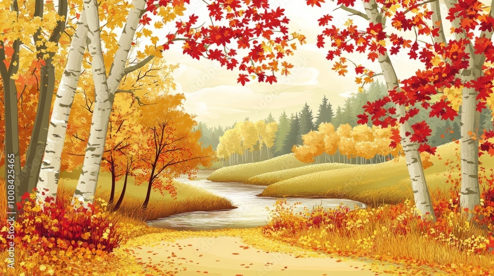 Poster autumn forest with a river and a path through colorful trees.