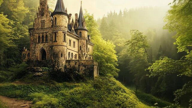 A stone castle sits on a hillside covered in greenery, surrounded by a misty forest on a bright morning