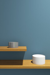 Illustration of 3d render of design minimal pedestal product on blue background. Set 12