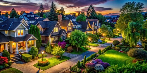 Obraz premium Cozy and Inviting Neighborhood Scene Featuring Lush Greenery and Charming Residential Homes