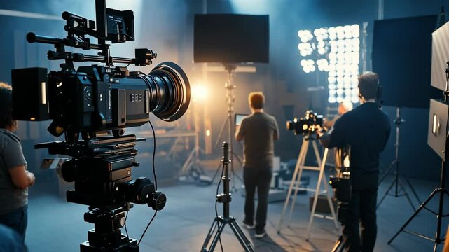 A film crew sets up equipment on a sound stage with lights and a backdrop