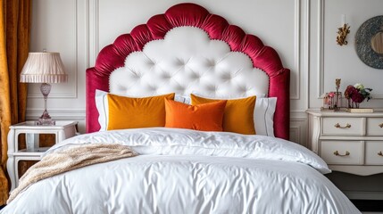 A posh bedroom with a vibrant velvet headboard and a white luxury bedding set