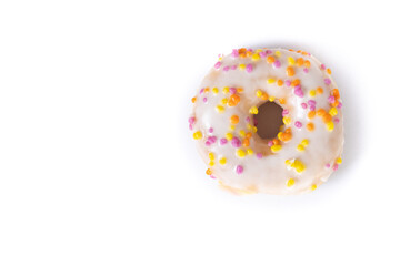 Sweet glazed donut isolated on white background. Top view. Copy space