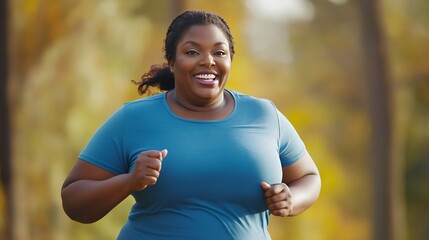 smiling overweight Black woman running in blue fitness gear, with wide hips and big eyes, captured outdoors in sharp focus against a blurred park scenery background, symbolizing health and empowerment