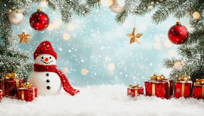 Obraz premium Whimsical winter holiday scene with trees, snowman, ornaments, and gifts
