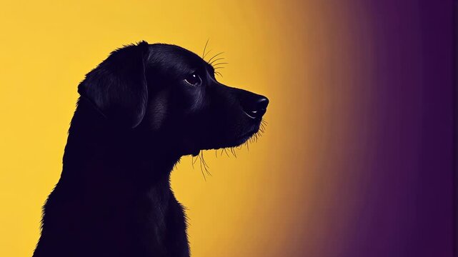 A black dog sits in profile against a yellow and purple background