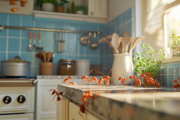 3d.Ants crawling on a kitchen counter looking for food