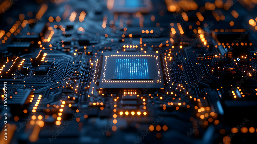 Poster 3d illustration of a computer processor chip on circuit board