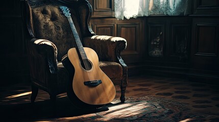 A solitary acoustic guitar in a retro-styled room with hard light and deep shadows, leaning against an old-fashioned armchair.