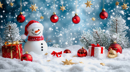 Fototapeta premium Whimsical winter holiday scene with trees, snowman, ornaments, and gifts