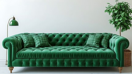 Elegant green tufted sofa with decorative cushions and plant.