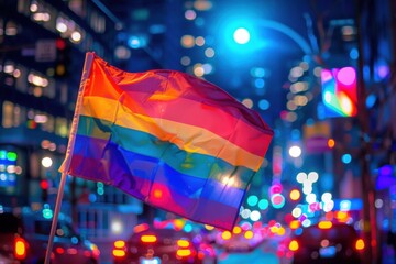 Pride Flag Displayed Prominently with Colorful City Lights in Lively and Festive Night Celebration






