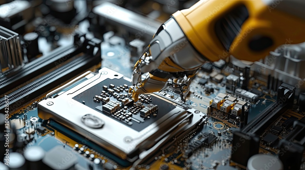 Poster robotic hand installing a microchip on a motherboard