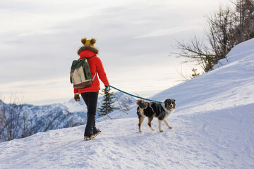 Couple enjoys a day outdoors climbing a snowy mountain with their dog in winter