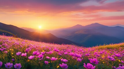 A stunning view of a vibrant cosmos flower field at sunset, with golden light illuminating the blooms, and majestic mountains in the distance under a colorful sky.