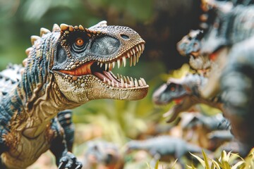 The face of a roaring dinosaur bokeh style background