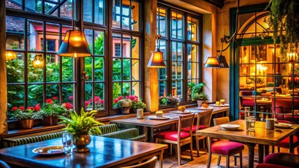 Cozy restaurant interior view through the window showcasing stylish decor and inviting atmosphere