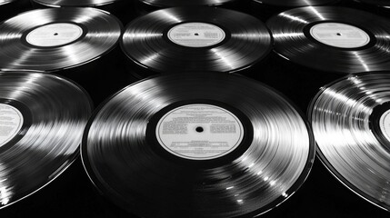 Close-up of vintage vinyl records arranged in a circular pattern