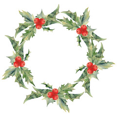 Holly evergreen leaves with red berries rosette. Watercolor hand drawn illustration, wreath chaplet frame isolated on white. Xmas, happy new year festive, noel navidad. Print paper, textile fabric