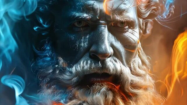 A mythical figure with a beard, surrounded by swirling blue and orange flames, representing opposing elemental forces.