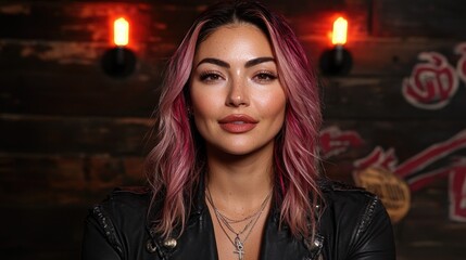 Fototapeta premium Confident woman with pink hair in stylish leather jacket