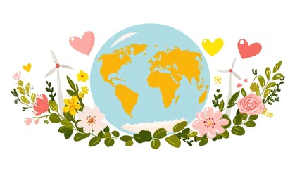 Naklejka premium Colorful illustration of Earth surrounded by flowers and hearts