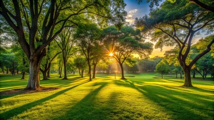 Fototapeta premium A peaceful green park at sunset, adorned with lush trees and vibrant grass, casts gentle shadows, creating an idyllic and tranquil atmosphere for relaxation.