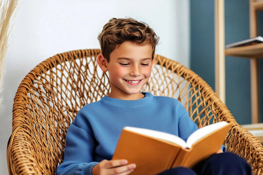 Joyful young boy reading a book in wicker chair. Cozy home concept.