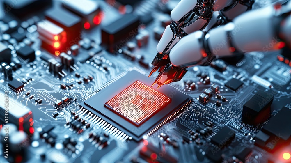 Poster robotic arm installing a microchip on a circuit board