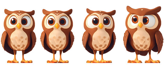 Fototapeta premium Cute cartoon owl character in multiple angles for kids' illustration and educational materials