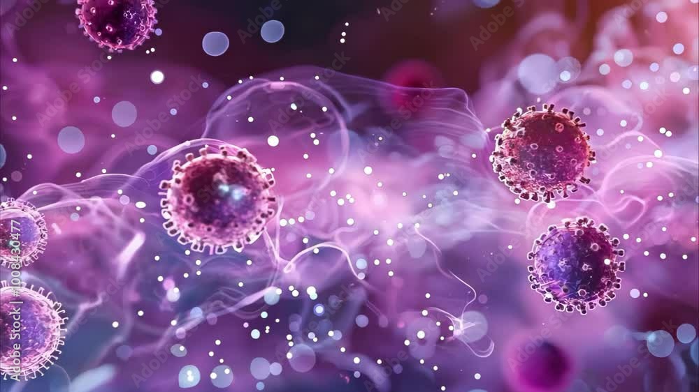 Poster a colorful representation of viruses and cells, showcasing a microscopic view of biological structur