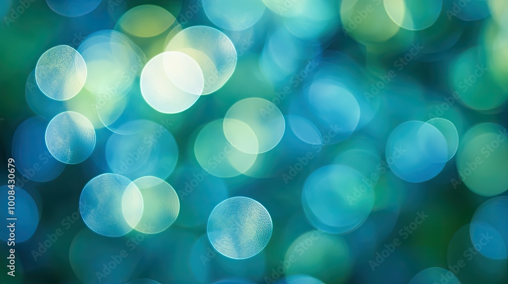 Poster abstract blue-green bokeh background, soft-edged circular shapes, created with macro lens for dreamy
