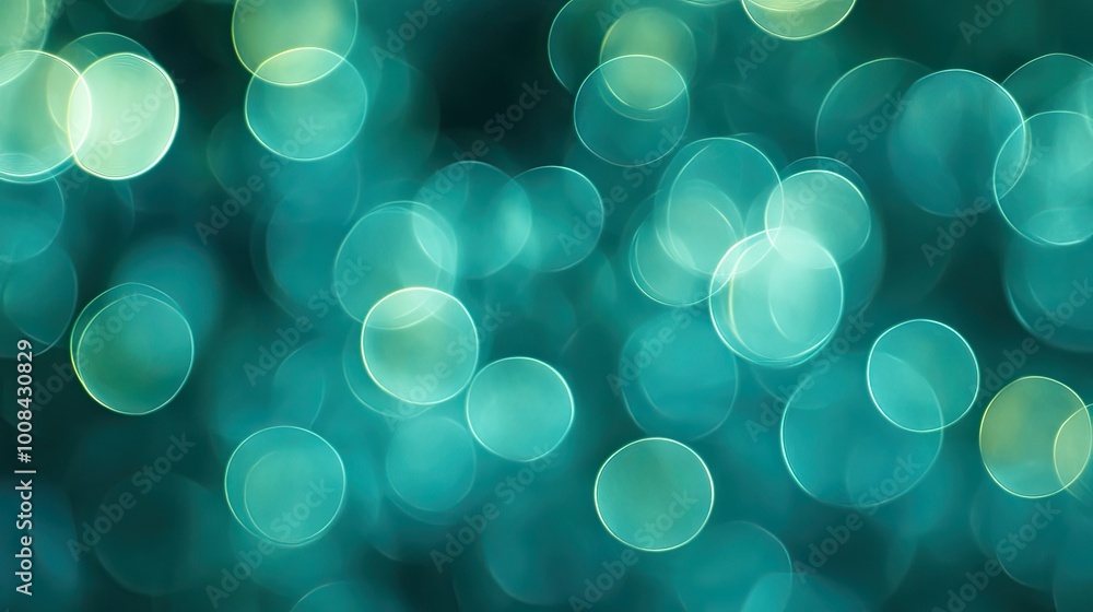 Poster abstract blue-green bokeh background, soft-edged circular shapes, created with macro lens for dreamy