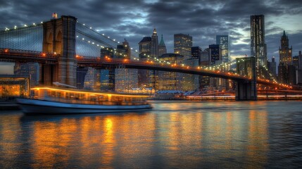 A scenic view of a city skyline at dusk, featuring a bridge and illuminated boat on water.