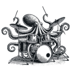 octopus plays drums.stylish engraving for printing on t-shirt.vector © Dmytro