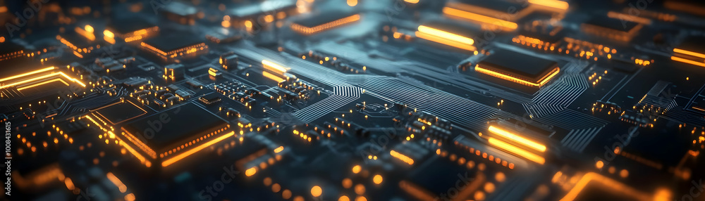 Poster 3d render of a futuristic circuit board with glowing components