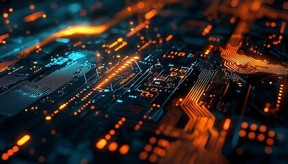 Colorful circuit board and coding elements in orange and blue serve as a technology-themed background.