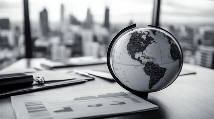 Elegant Globe on Desk with Cityscape Background