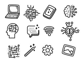 Set of artificial intelligence doodles with black and white color